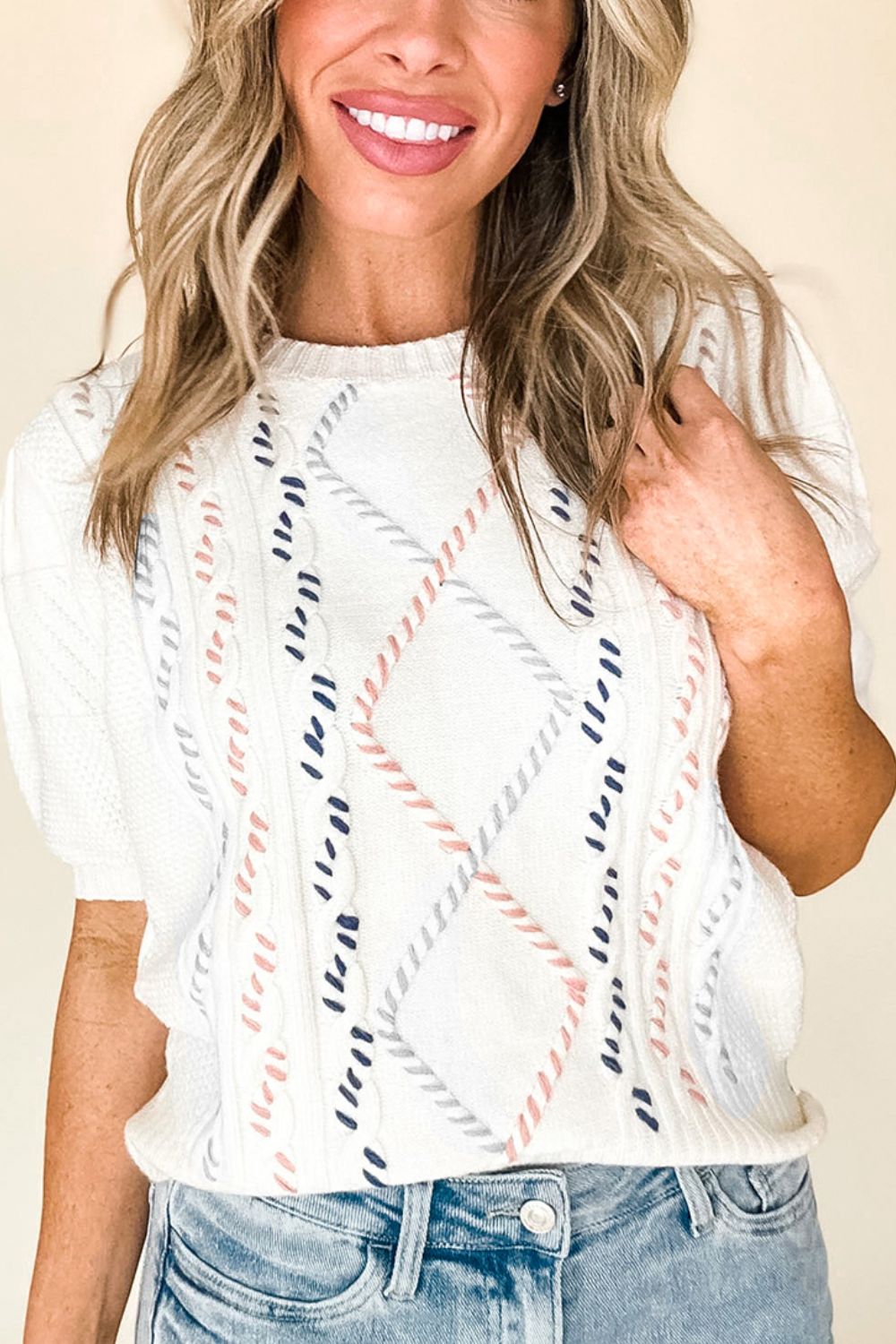 Cable Knit Round Neck Half Sleeve Sweater - Charming Charlie