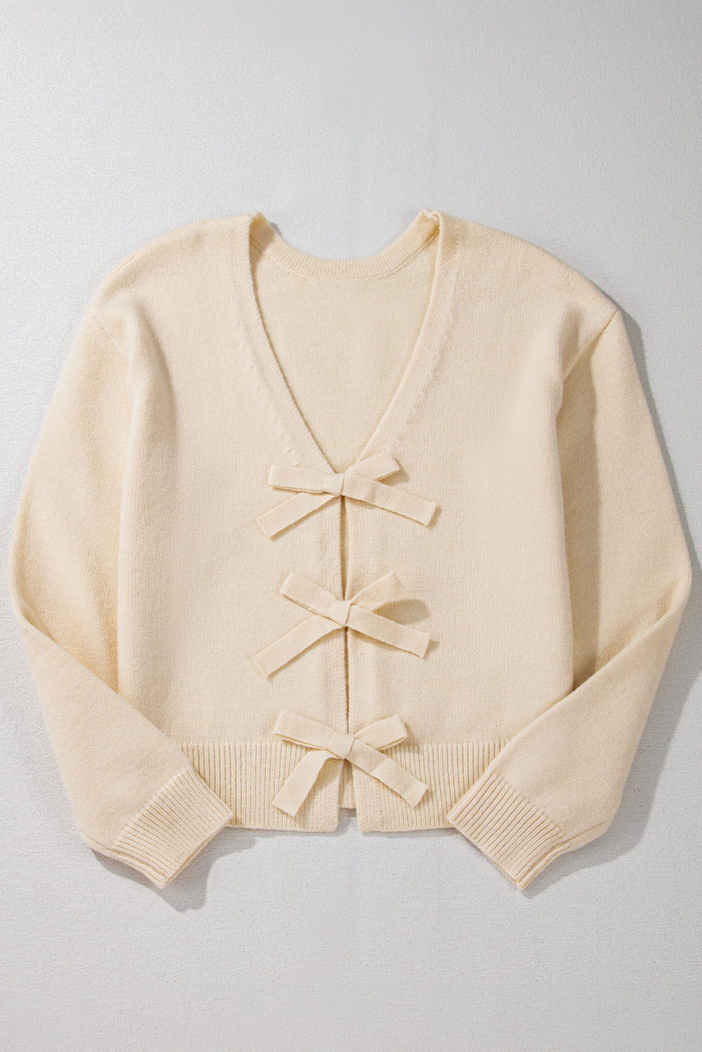 Bowknot Front V Neck Long Sleeve Cardigan - Charming Charlie