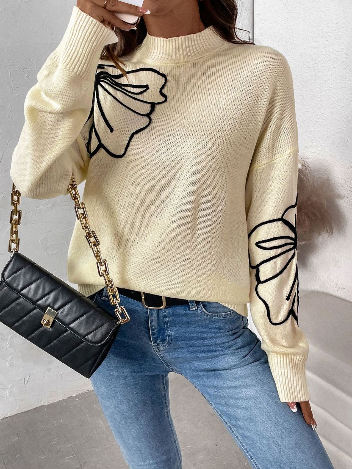 Perfee Mock Neck Dropped Shoulder Long Sleeve Sweater - Charming Charlie