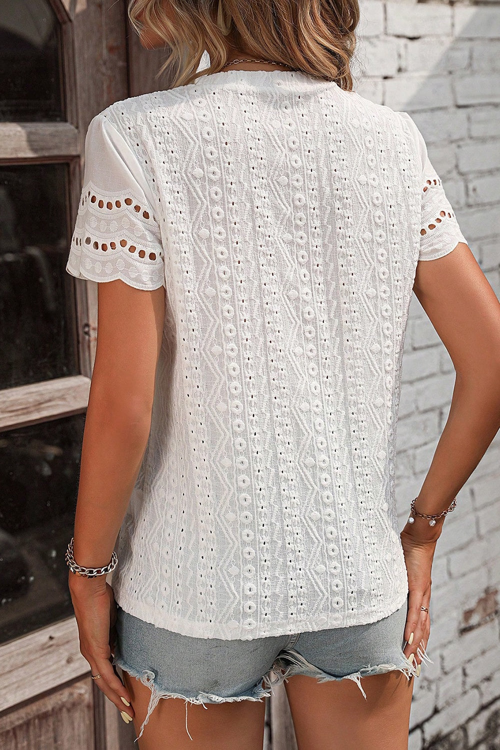 Eyelet Round Neck Short Sleeve Top - Charming Charlie