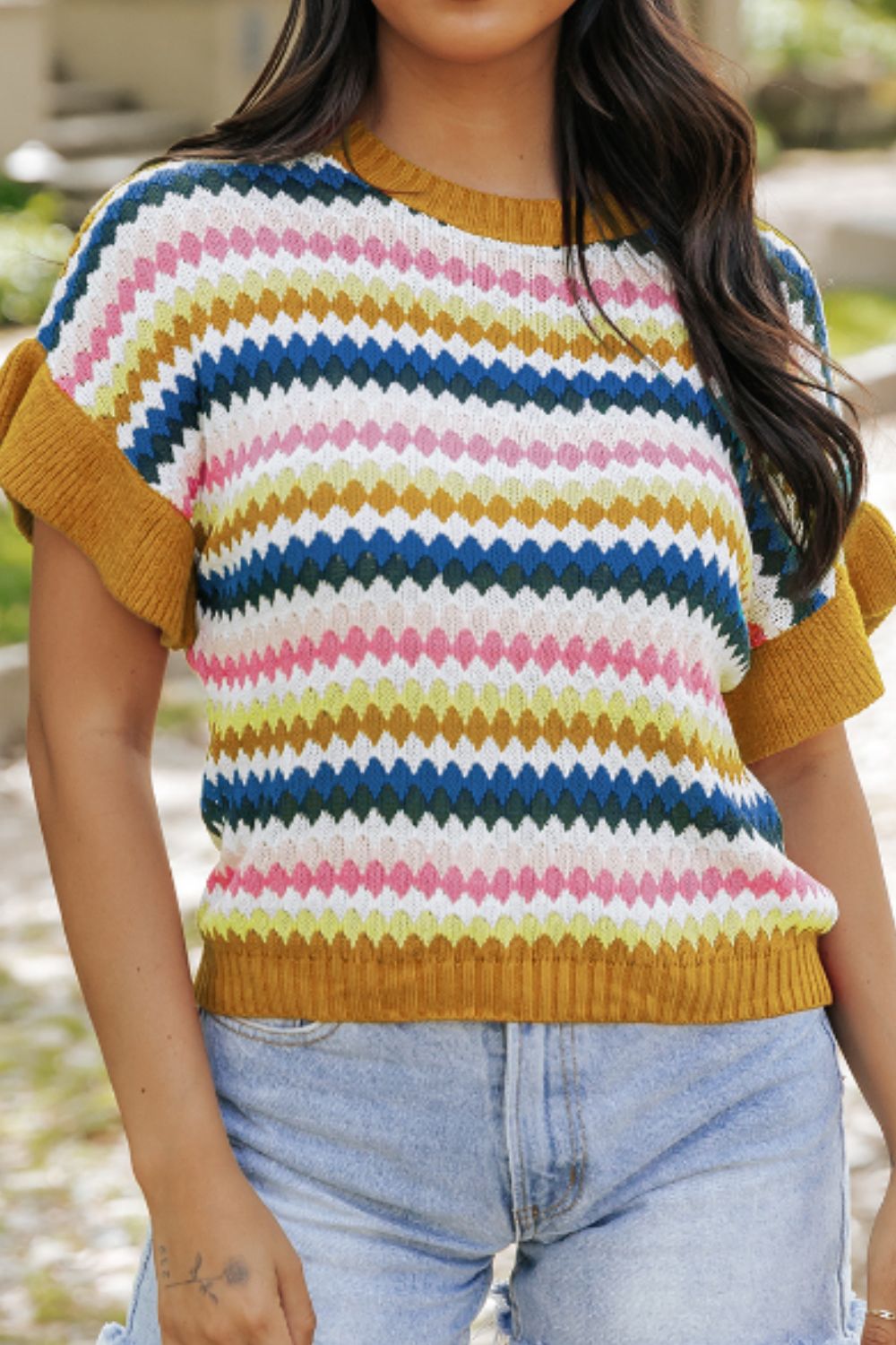 Contrast Round Neck Short Sleeve Sweater - Charming Charlie
