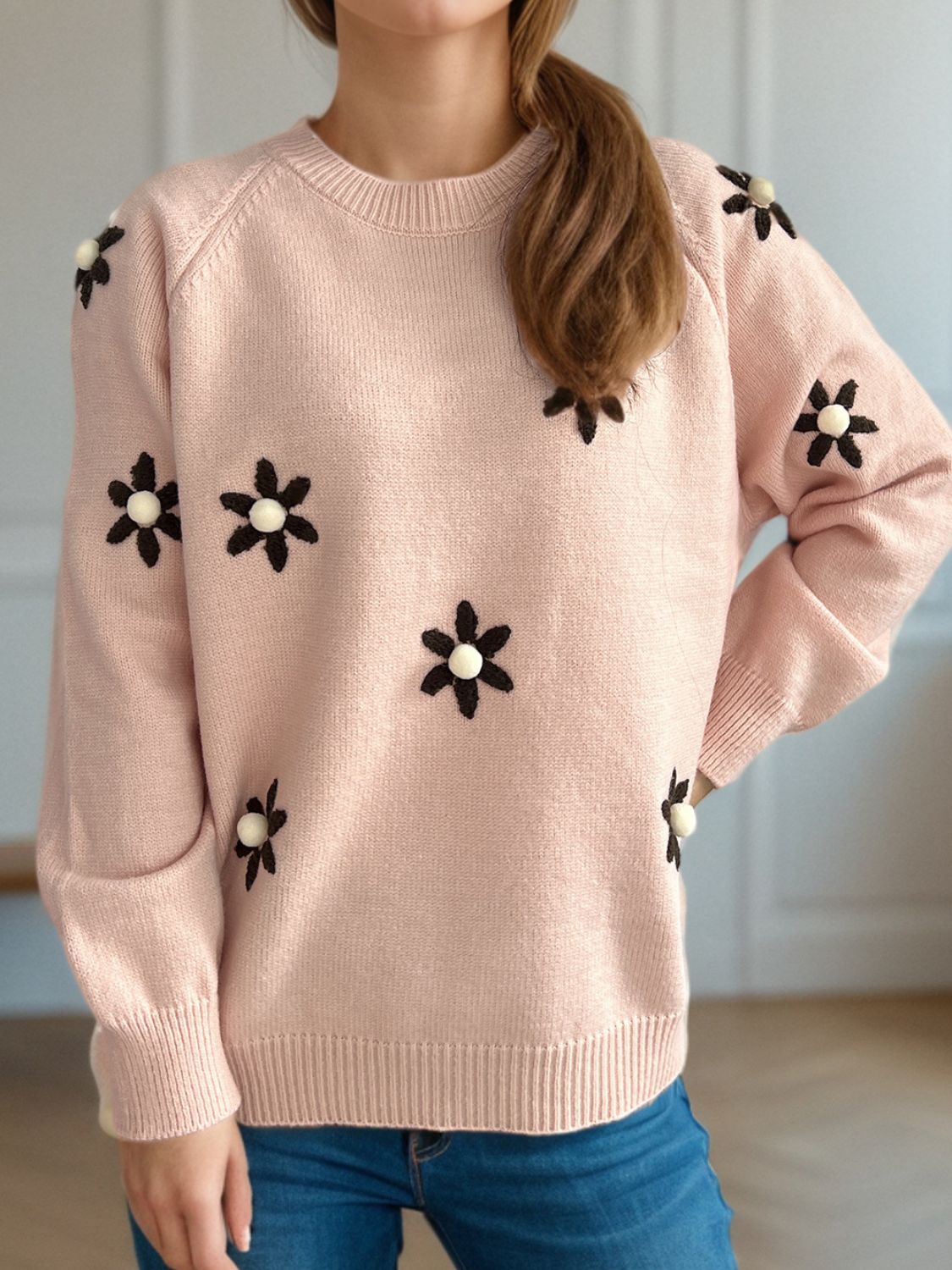 Flower Round Neck Raglan Sleeve Sweater - Charming Charlie
