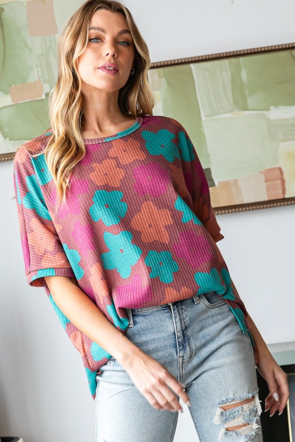 HOPELY Full Size Floral Round Neck Side Slit T-Shirt - Charming Charlie