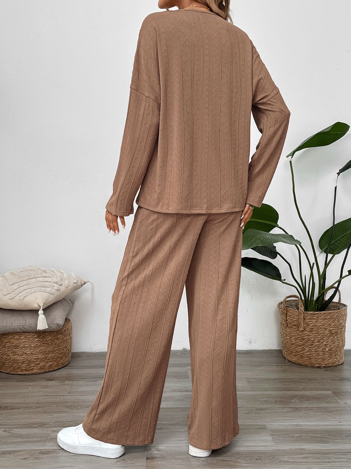 Perfee Quarter Button Long Sleeve Top and Pants Set - Charming Charlie