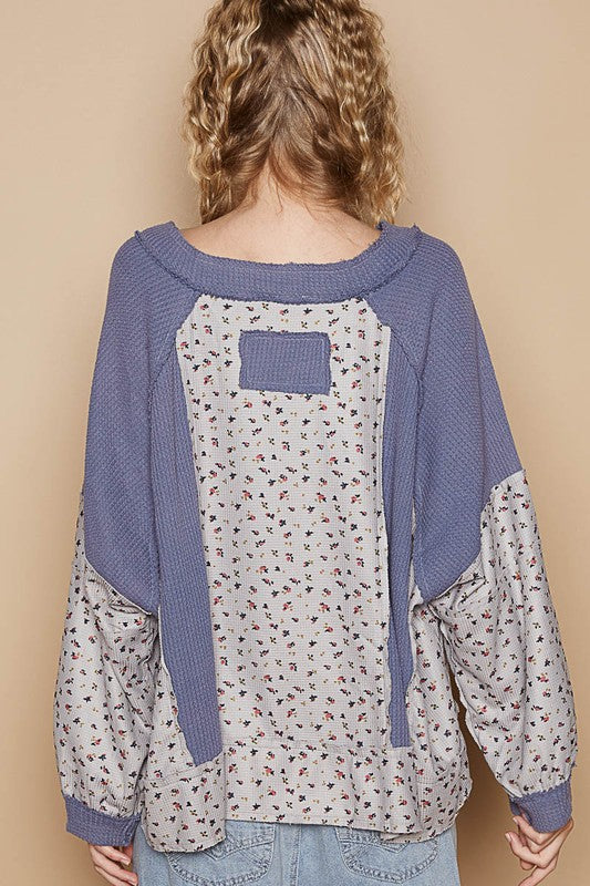 POL Waffle Knit Floral Notched Long Sleeve Top - Charming Charlie