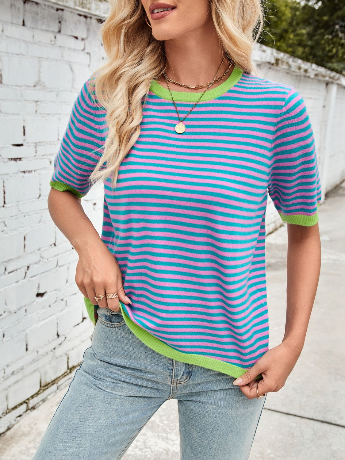 Lovelet Striped Contrast Round Neck Half Sleeve Knit Top - Charming Charlie