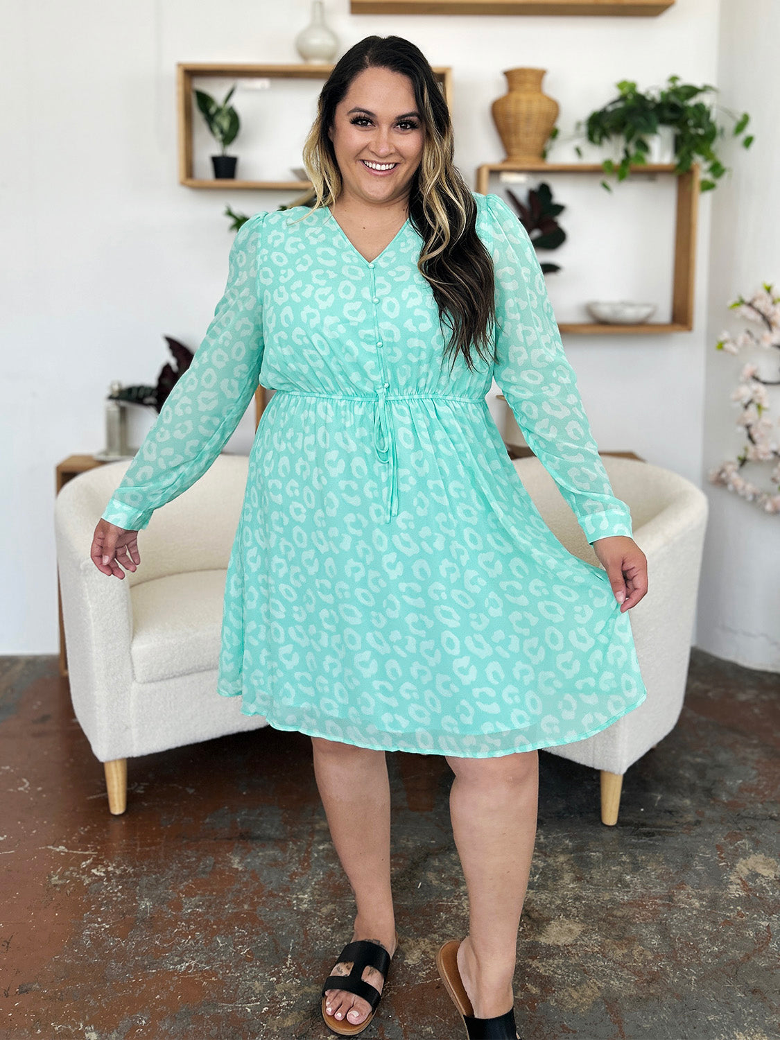 Double Take Full Size Printed Ruched V-Neck Long Sleeve Dress - Charming Charlie