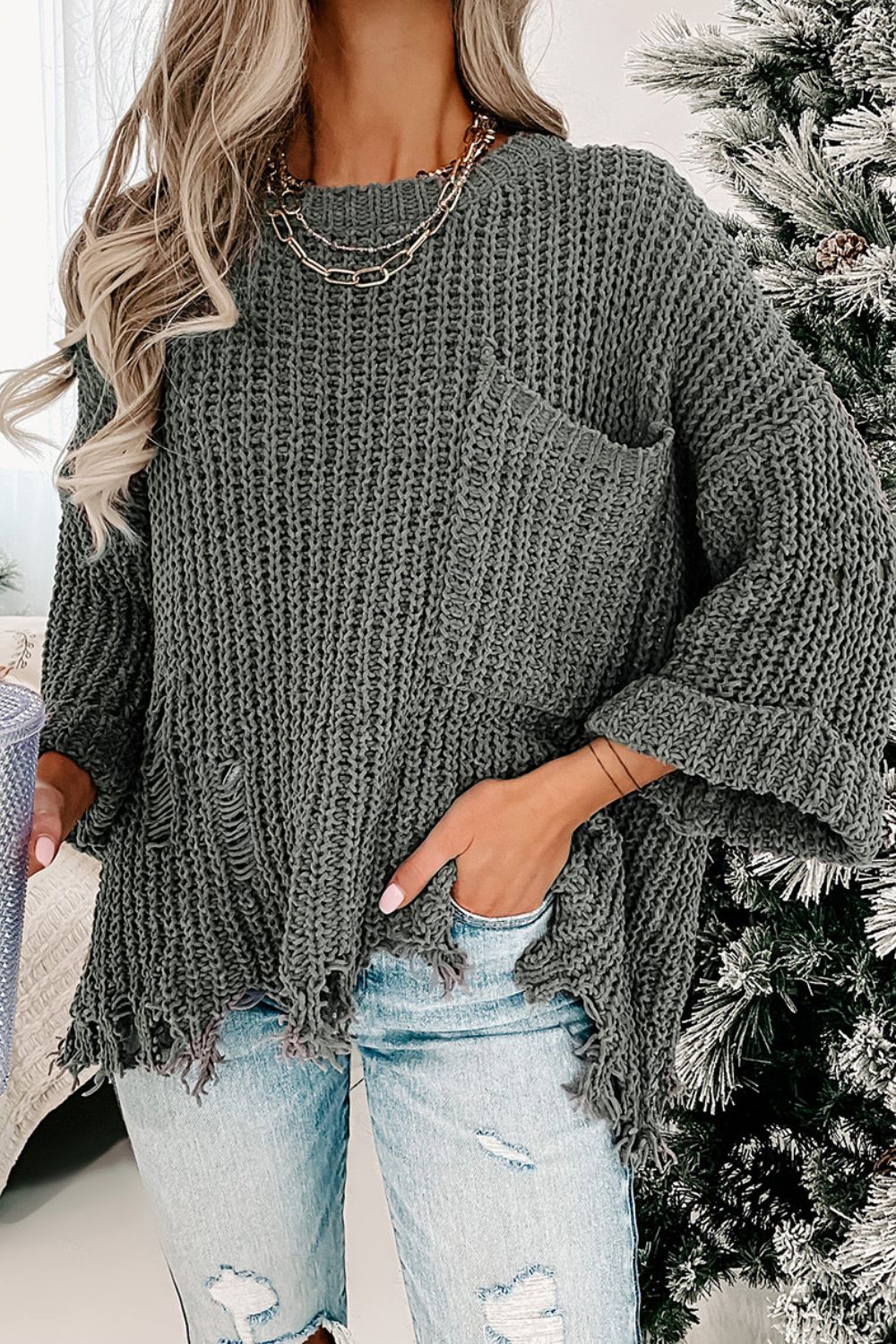 Distressed Round Neck Drop Shoulder Sweater - Charming Charlie