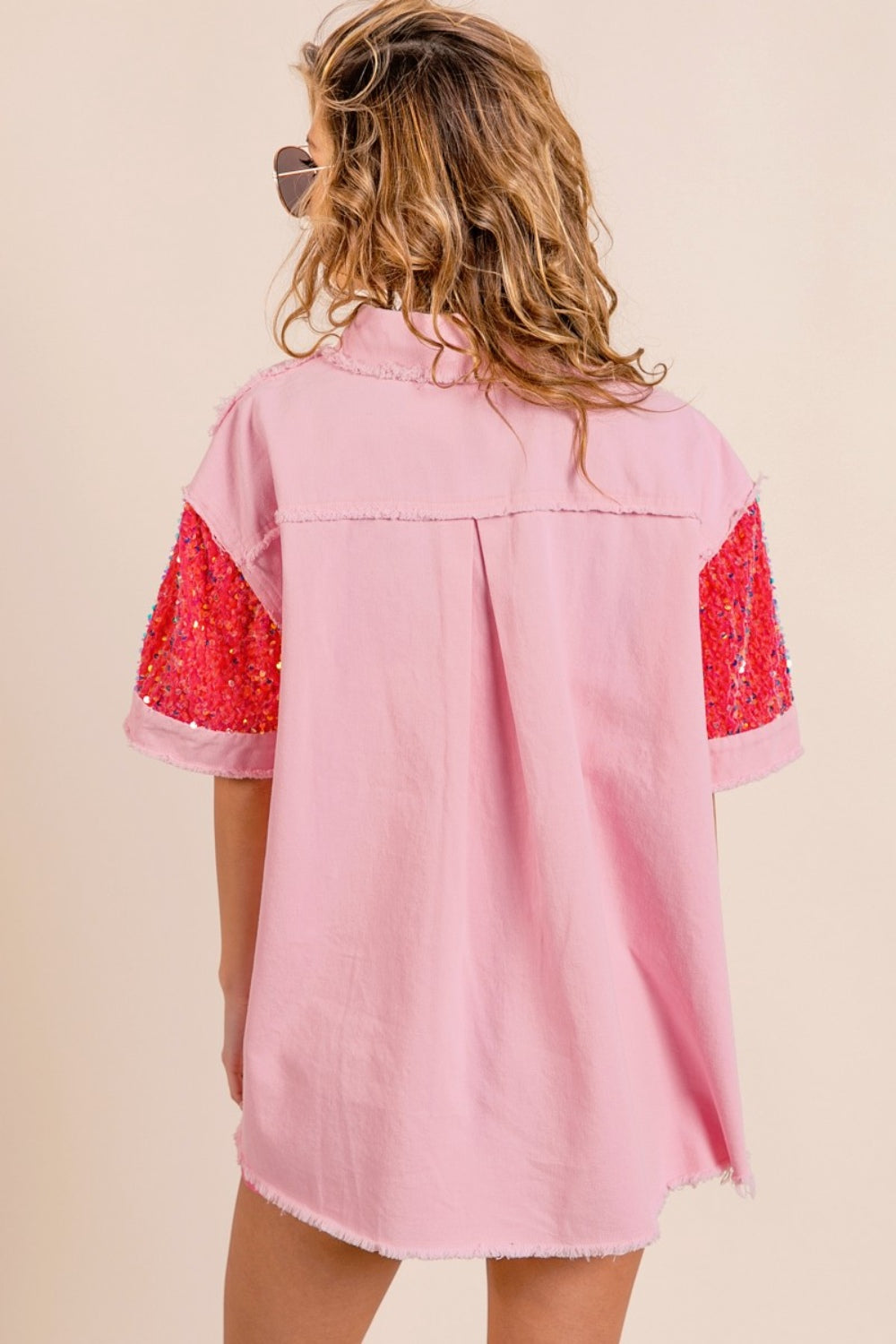 BiBi Sequin Detail Raw Hem Short Sleeve Shirt - Charming Charlie