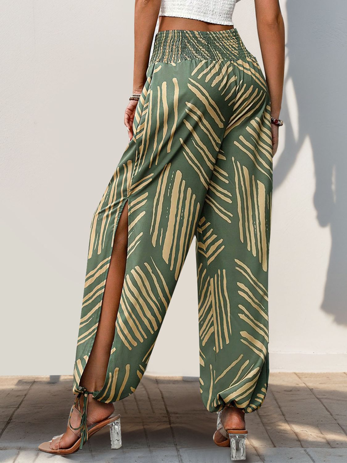 Smocked Slit Printed High Waist Pants - Charming Charlie