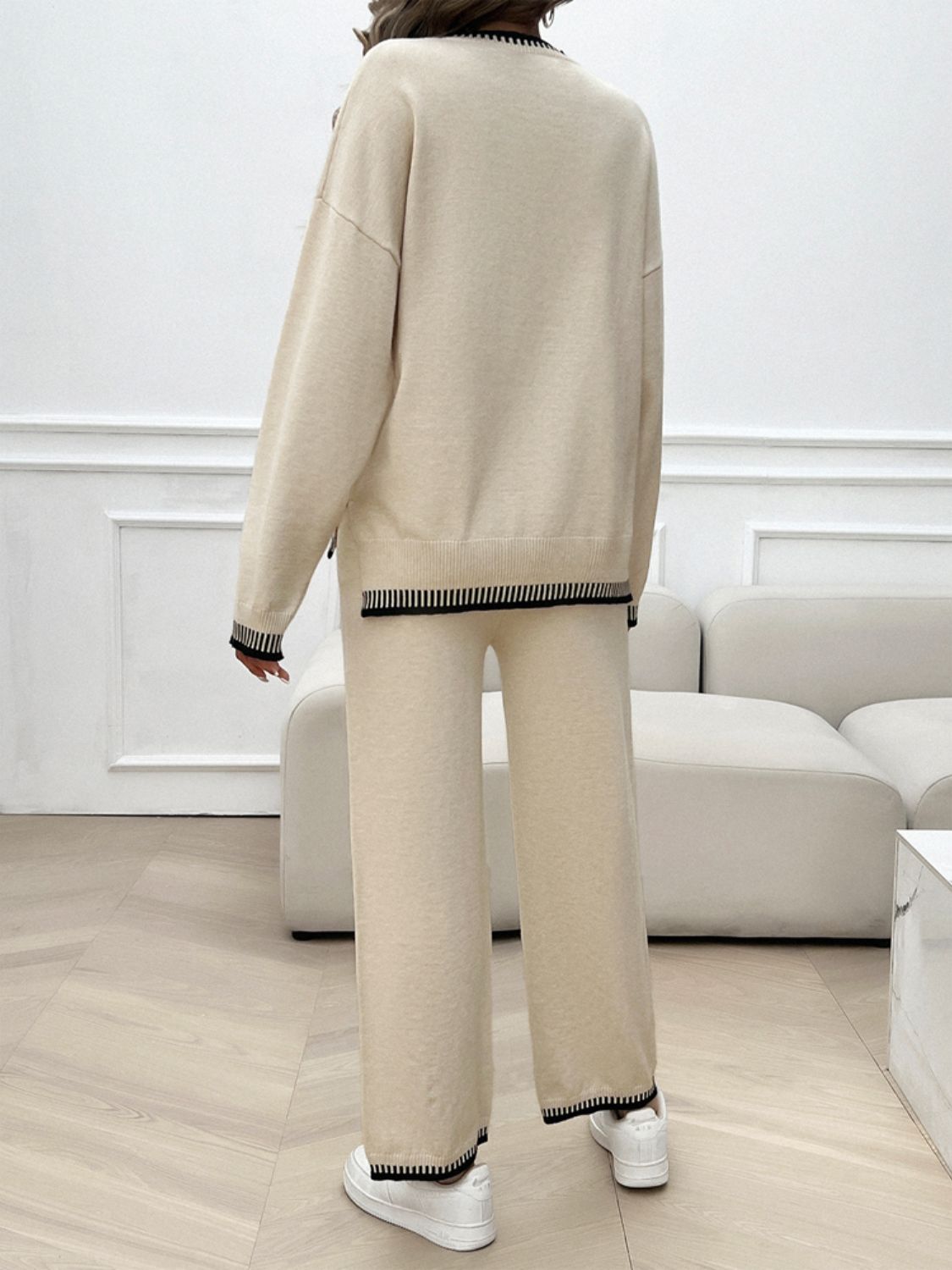 Round Neck Dropped Shoulder Top and Pants Sweater Set - Charming Charlie