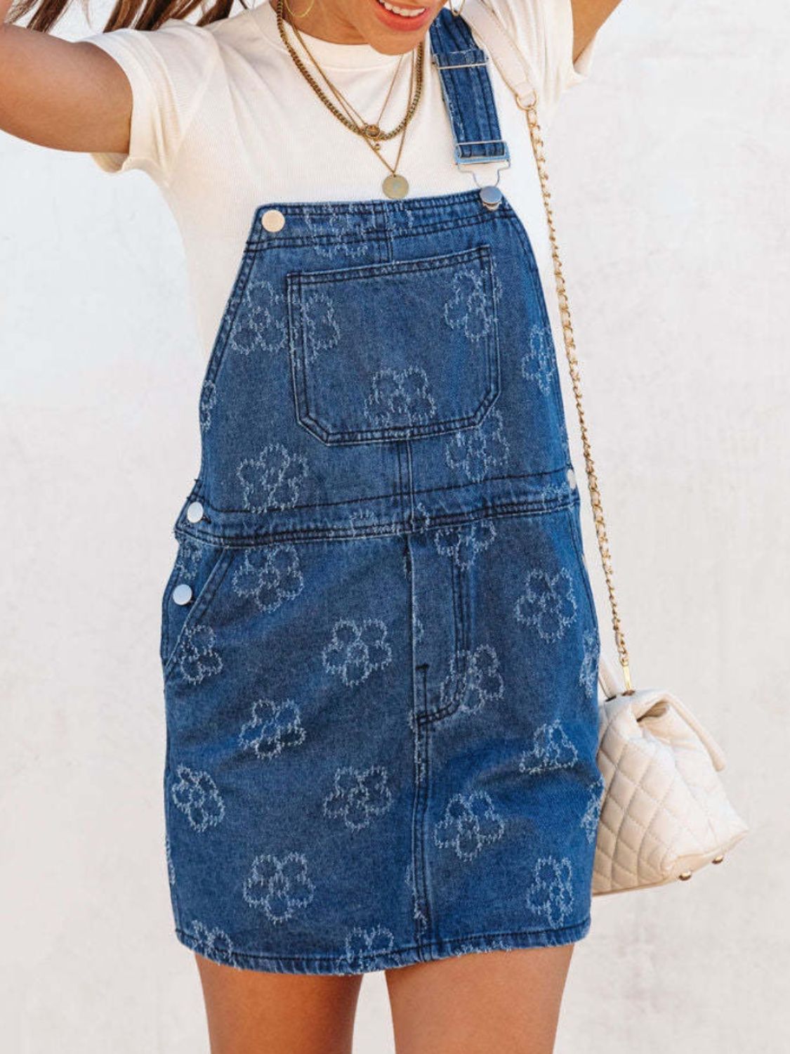 Flower Wide Strap Denim Overall Dress with Pockets - Charming Charlie