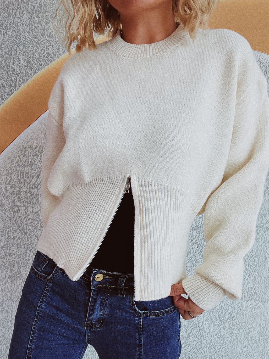 Round Neck Half Zip Long Sleeve Sweater - Charming Charlie
