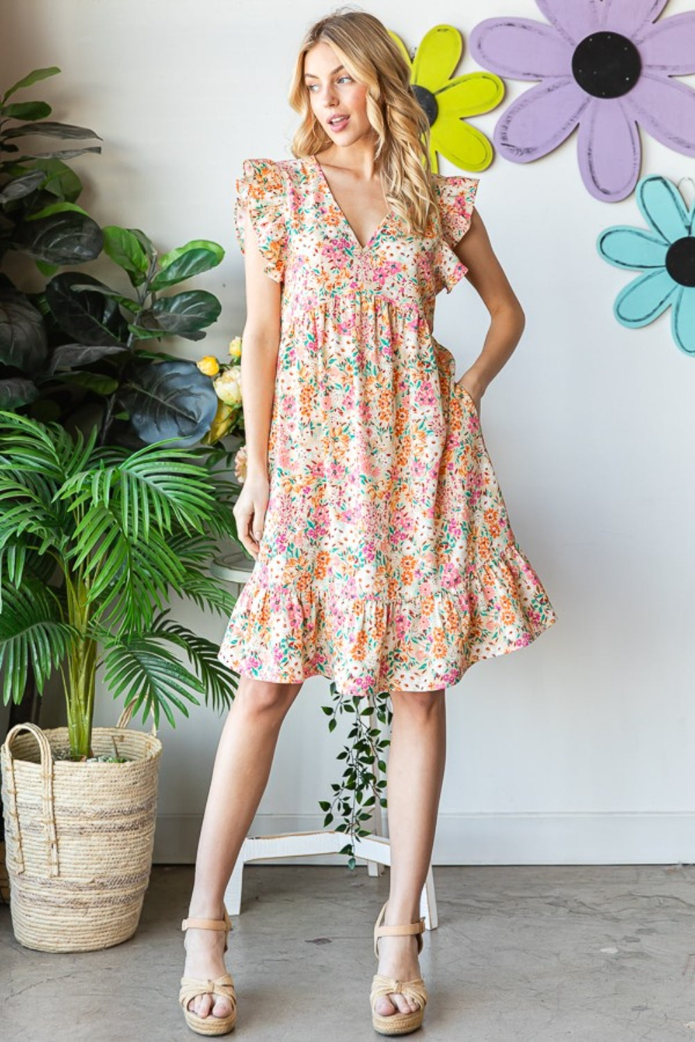 Heimish Full Size Floral Ruffled V-Neck Dress - Charming Charlie