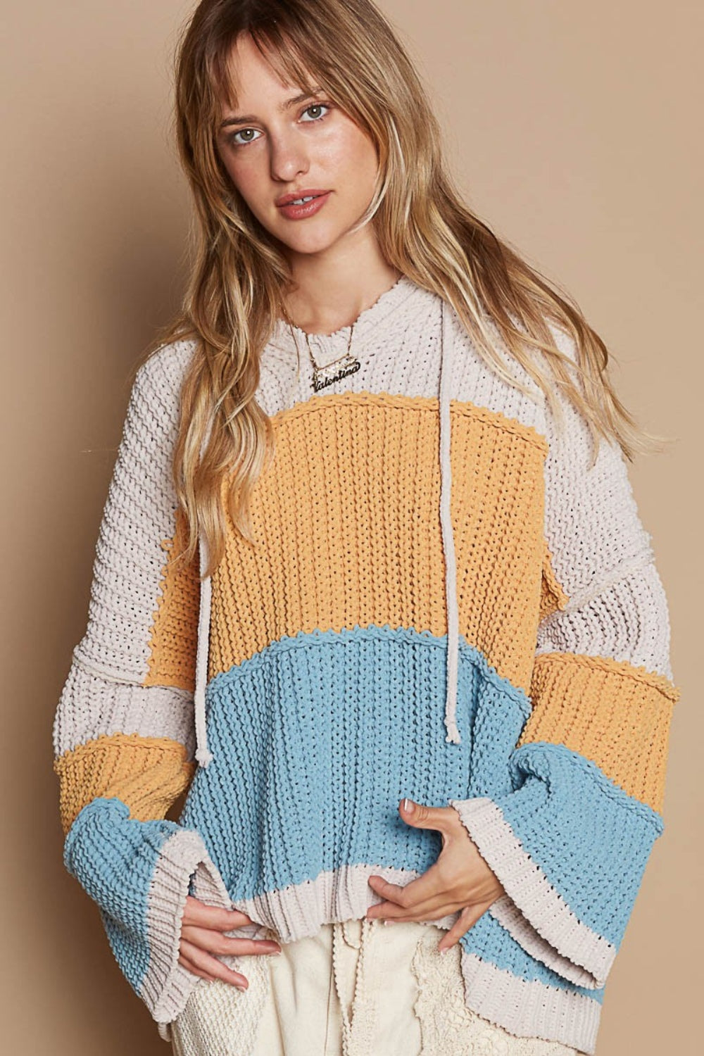 POL Color Block Long Sleeve Hooded Sweater - Charming Charlie