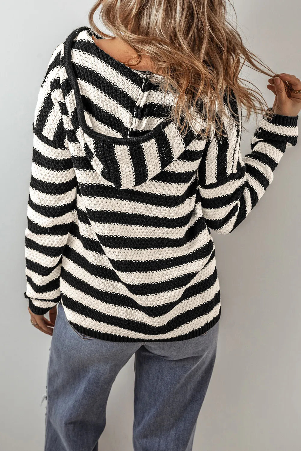 Drawstring Striped Long Sleeve Hooded Sweater - Charming Charlie