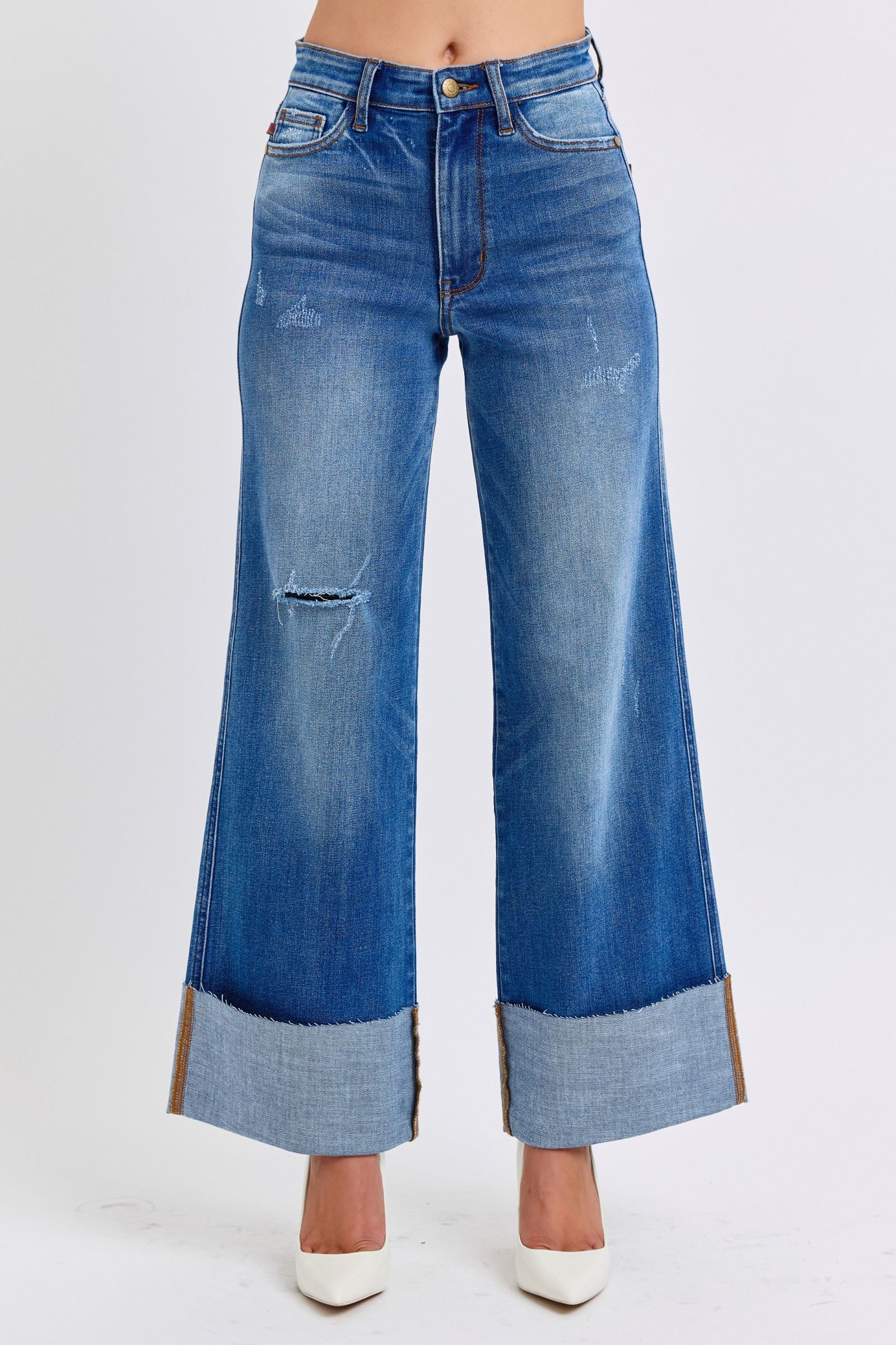 Judy Blue Full Size Distressed High Waist Wide Leg Jeans - Charming Charlie