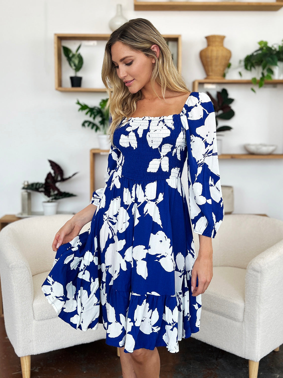 Double Take Full Size Floral Ruffle Hem Smocked Dress with Pockets - Charming Charlie