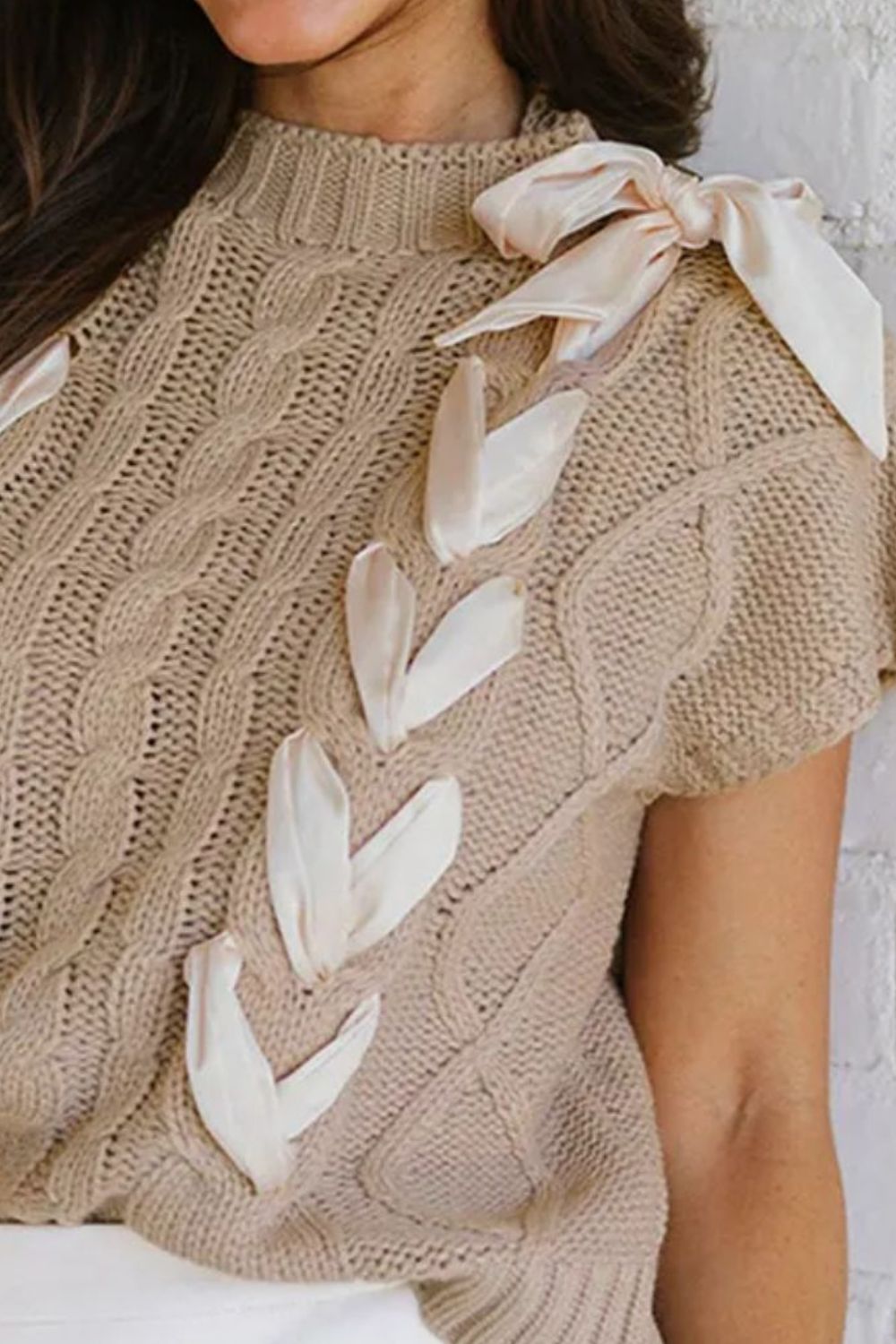 Cable-Knit Tied Mock Neck Short Sleeve Sweater - Charming Charlie