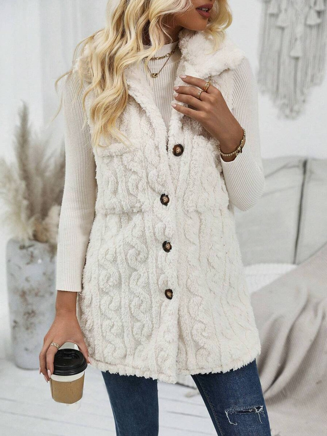 Fuzzy Button Up Vest Coat - Charming Charlie
