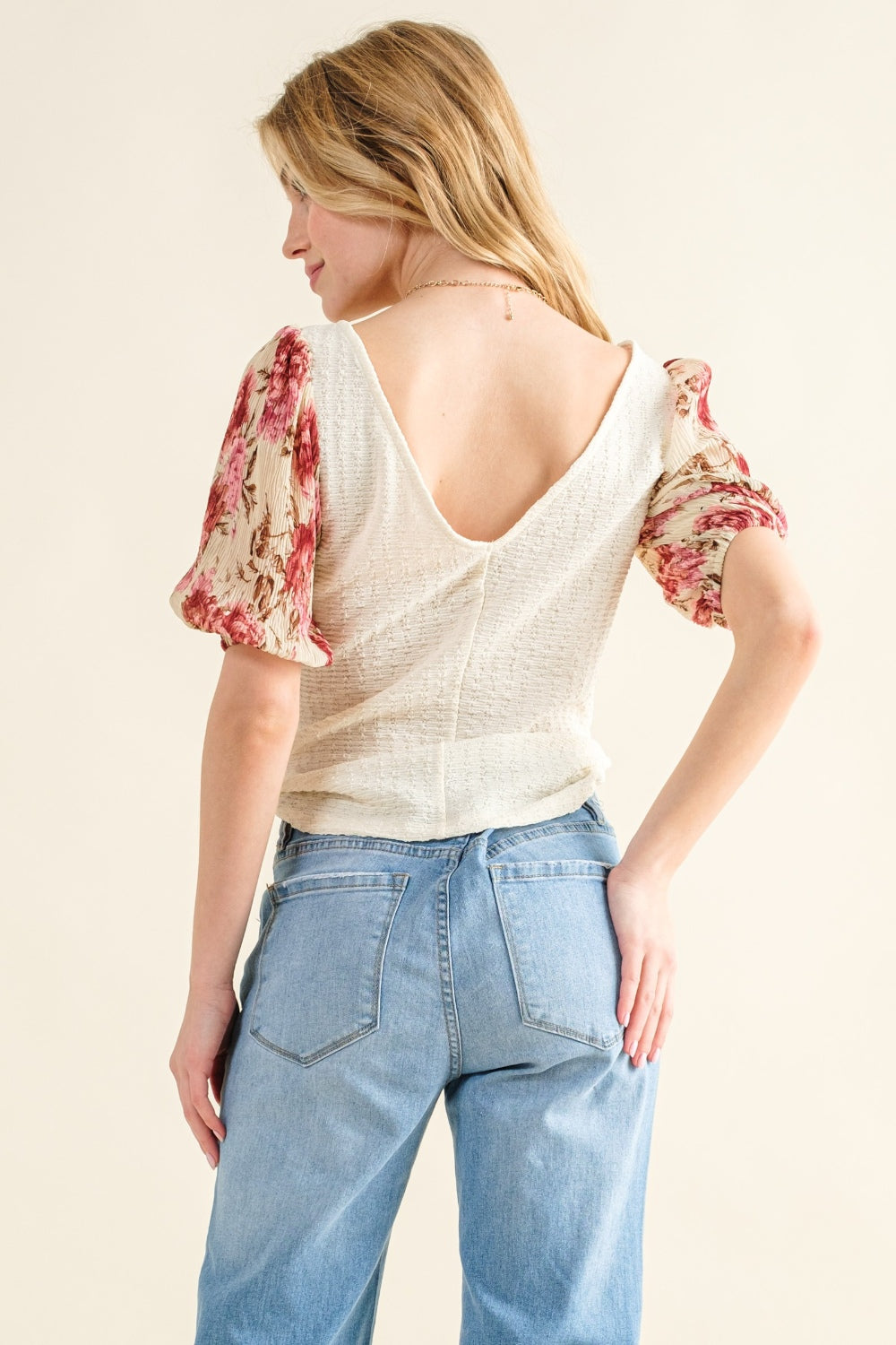 And The Why Full Size Floral Print Textured Sleeve Knit Top - Charming Charlie