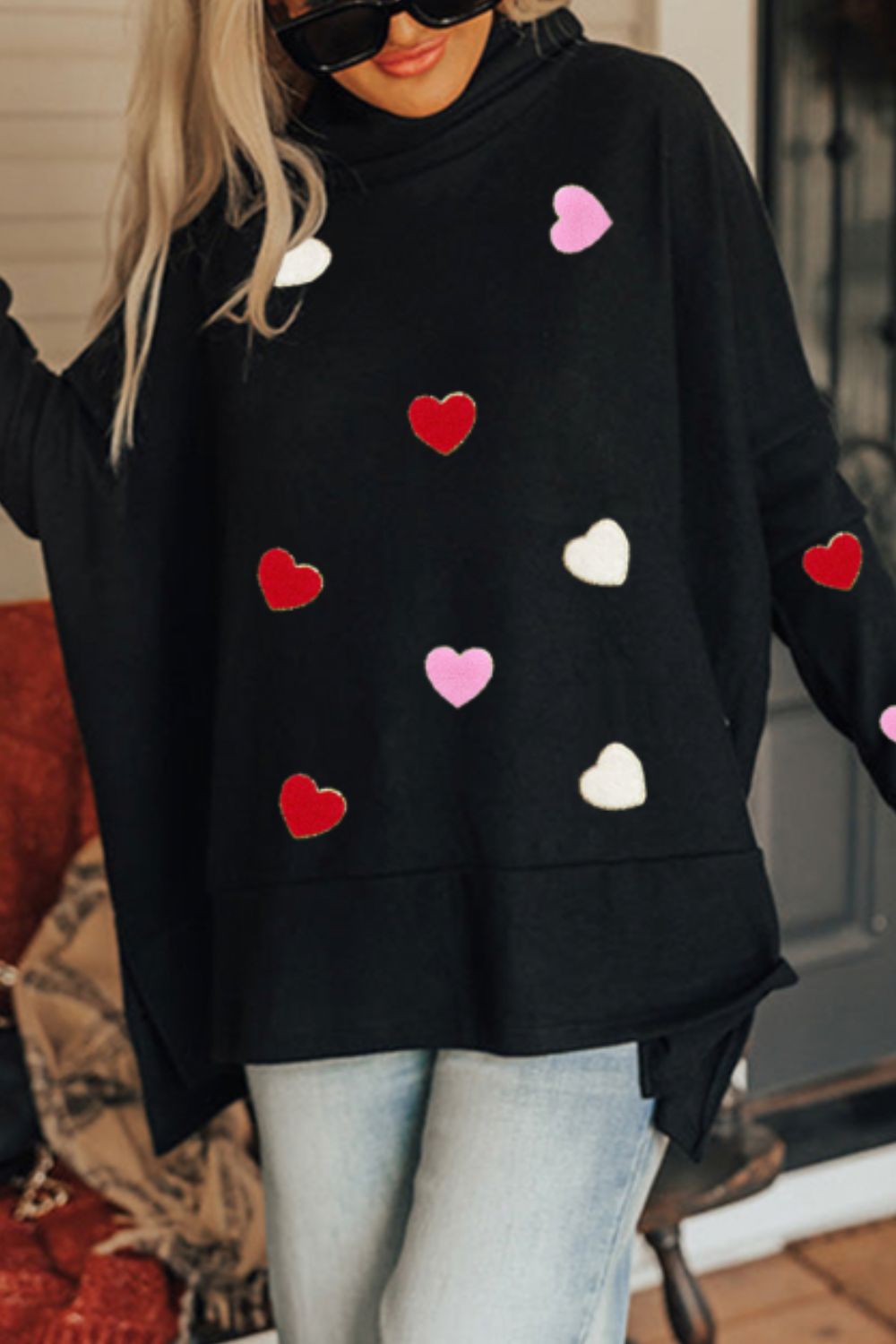 Valentine’s Day Heart Patched Turtleneck Long Sleeve Top - Charming Charlie