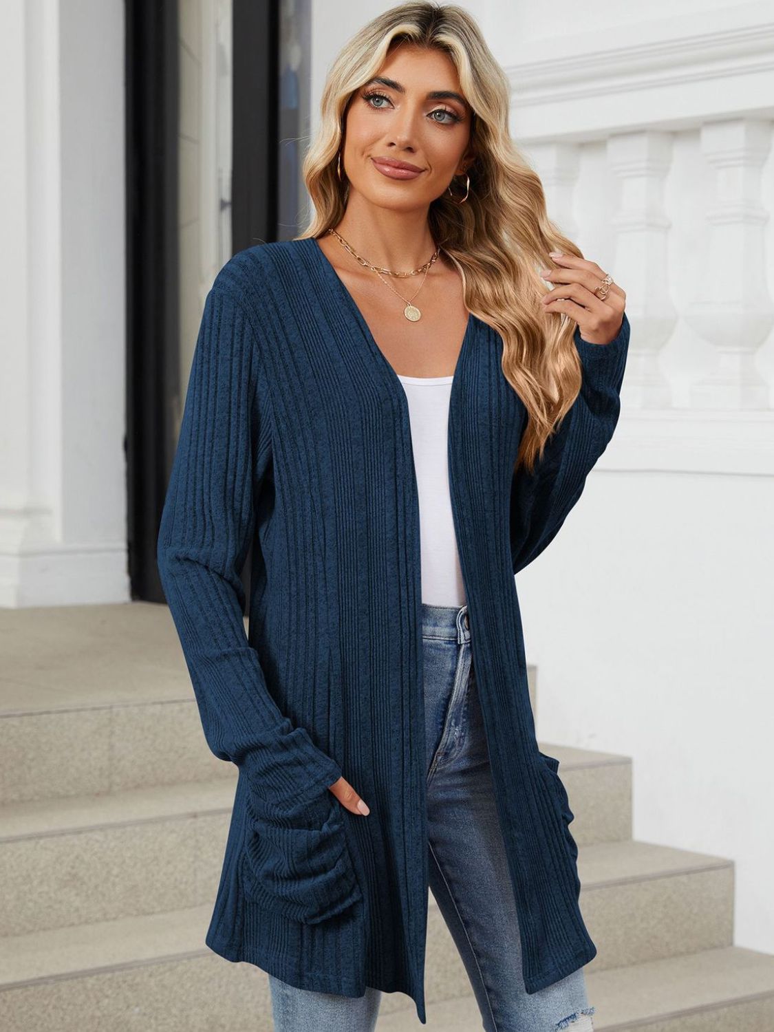 Pocketed Open Front Long Sleeve Cardigan - Charming Charlie