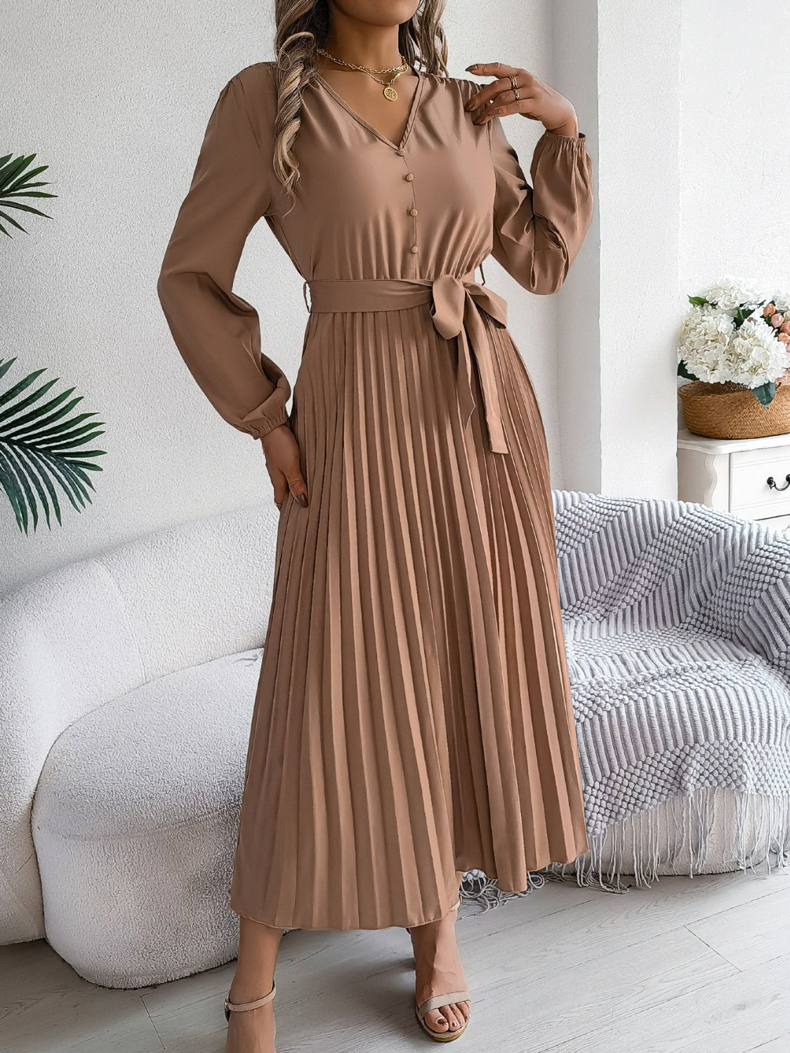 Pleated Tied V-Neck Long Sleeve Dress - Charming Charlie
