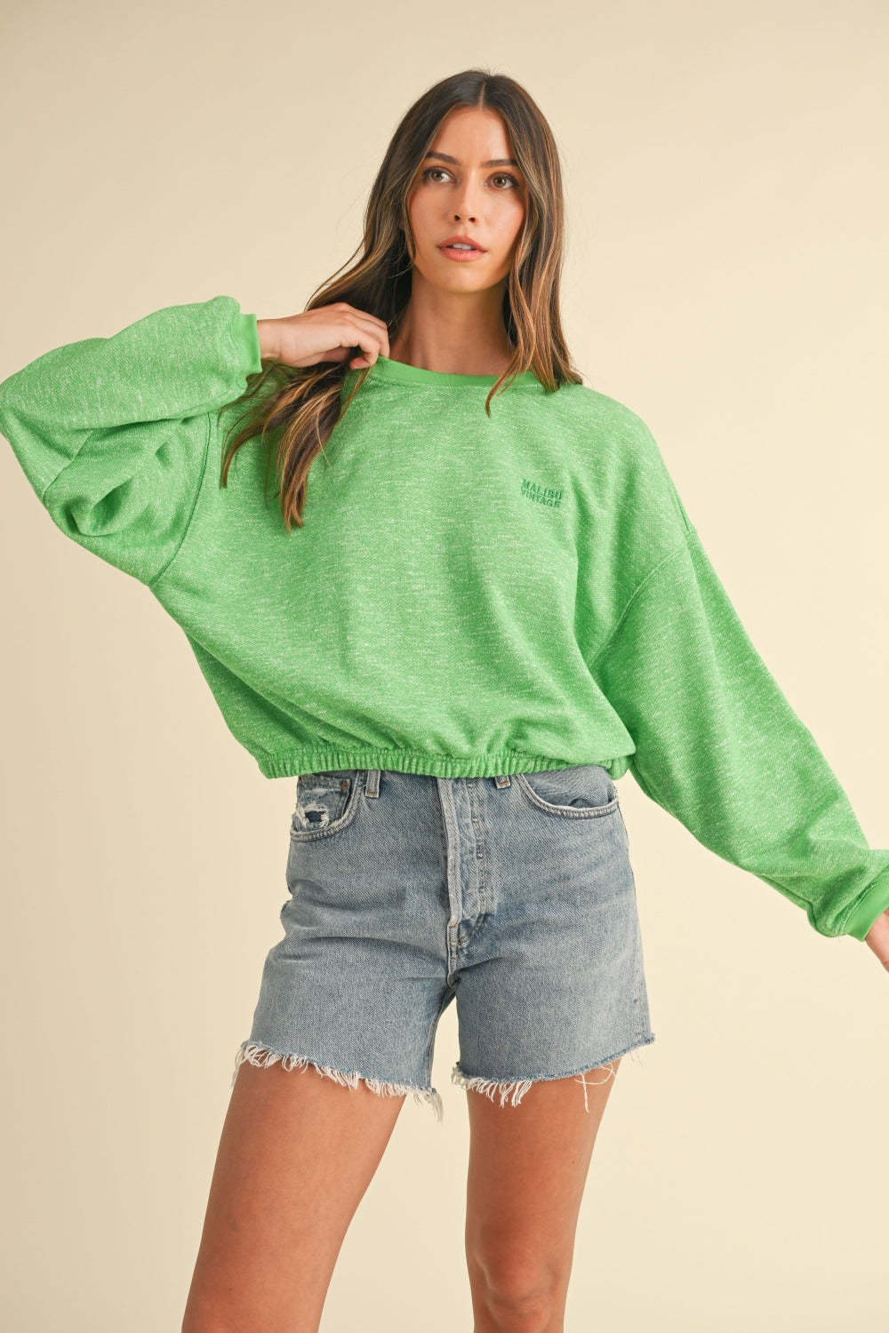 Mable Round Neck Letter Embroidery Crop Sweatshirt - Charming Charlie