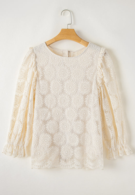 Flower Jacquard Flounce Sleeve Blouse - Charming Charlie