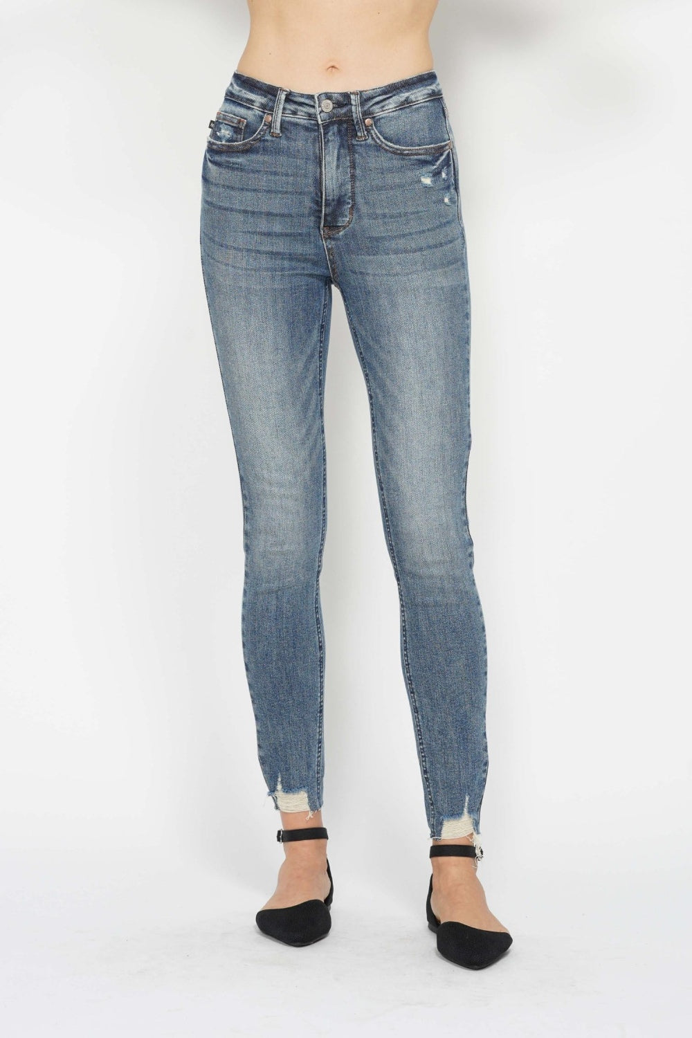 Judy Blue Full Size Tummy Control Vintage Wash Hem Destroy Skinny Jeans - Charming Charlie