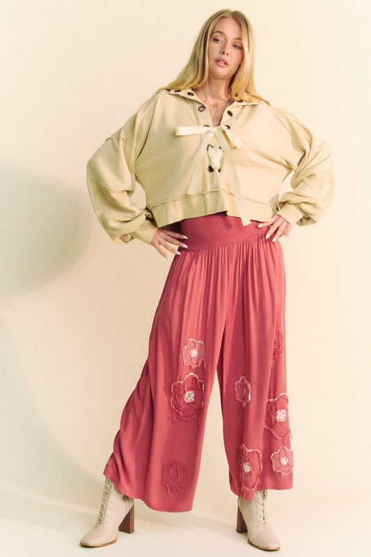 Davi & Dani Smocked Waist Flower Patch Wide Leg Pants - Charming Charlie