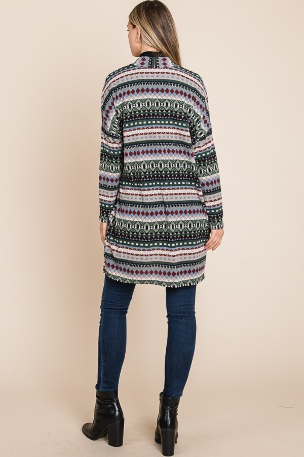 BOMBOM Geometric Open Front Long Sleeve Cardigan with Pockets - Charming Charlie