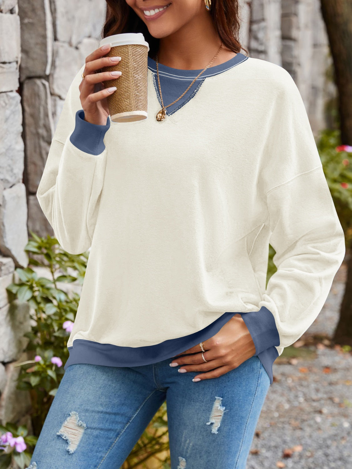 Contrast Round Neck Long Sleeve Sweatshirt - Charming Charlie