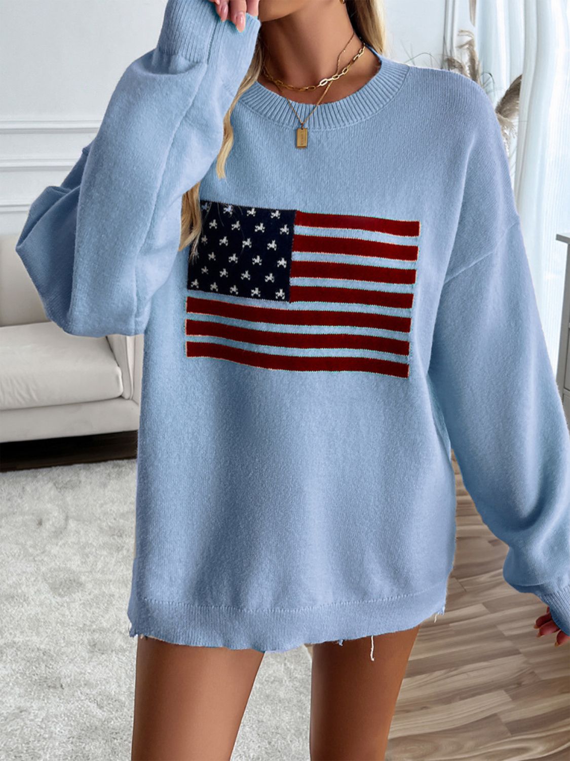 Devine US Flag Round Neck Long Sleeve Knit Top - Charming Charlie