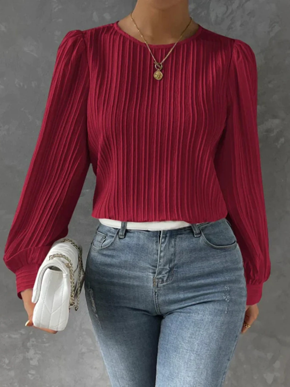 Round Neck Long Sleeve Blouse - Charming Charlie