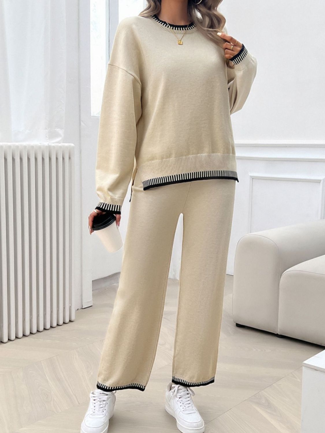 Round Neck Dropped Shoulder Top and Pants Sweater Set - Charming Charlie