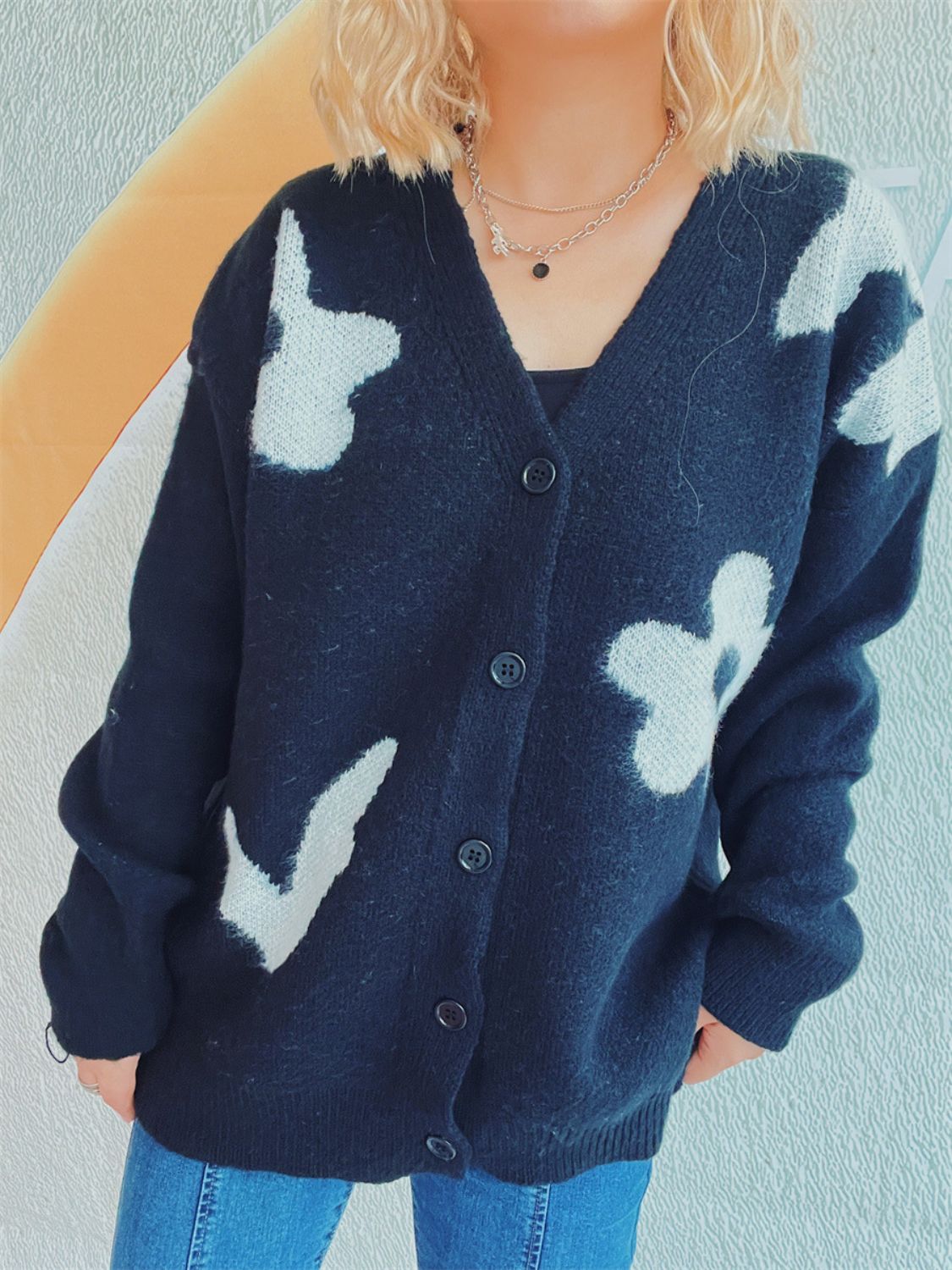 Flower Button Down V-Neck Long Sleeve Cardigan - Charming Charlie