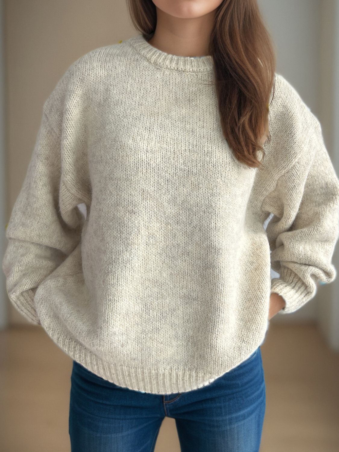 Round Neck Long Sleeve Sweater - Charming Charlie