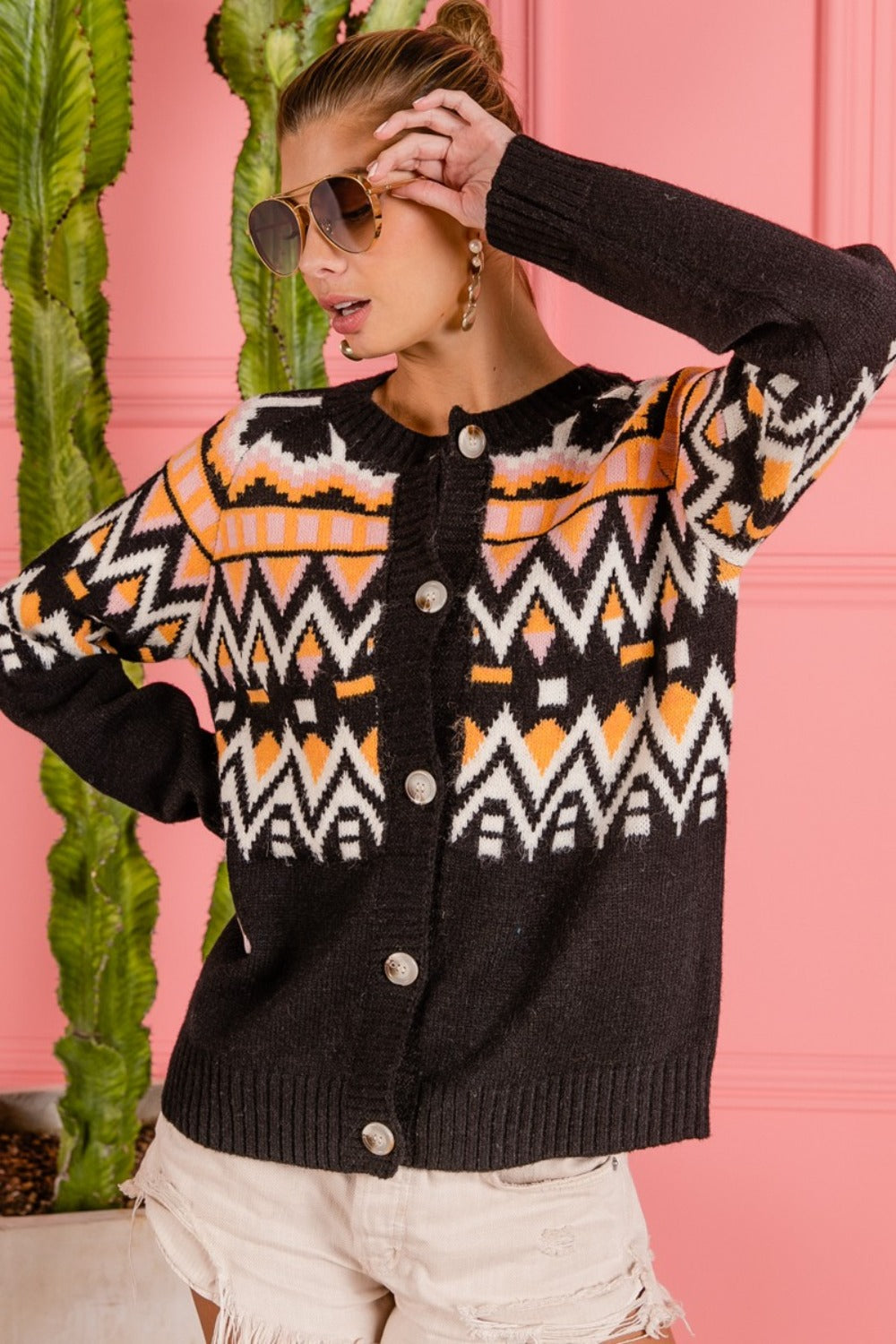 BiBi Ethnic Pattern Button Up Knit Cardigan - Charming Charlie