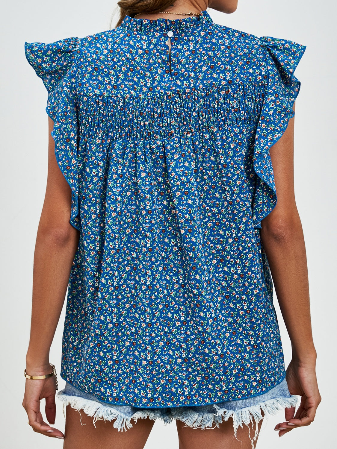 Ruffled Ditsy Floral Mock Neck Cap Sleeve Blouse - Charming Charlie