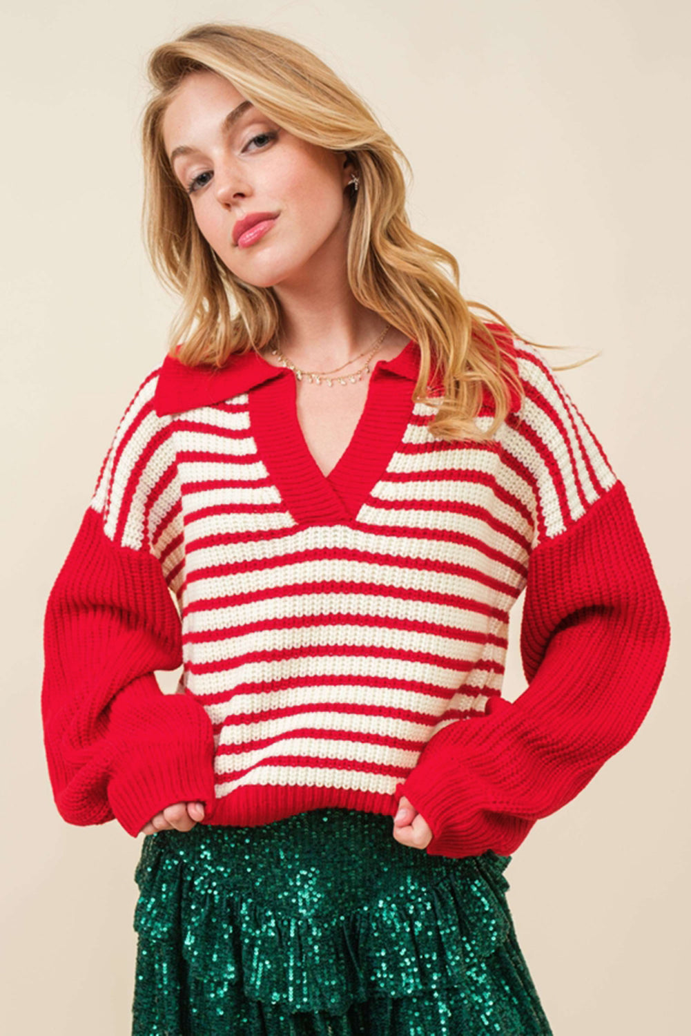Striped Johnny Collar Long Sleeve Sweater - Charming Charlie