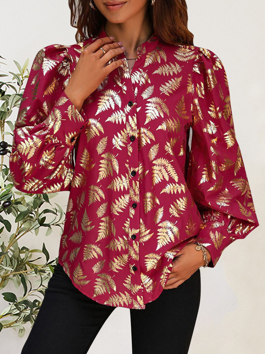 Printed Notched Long Sleeve Shirt - Charming Charlie