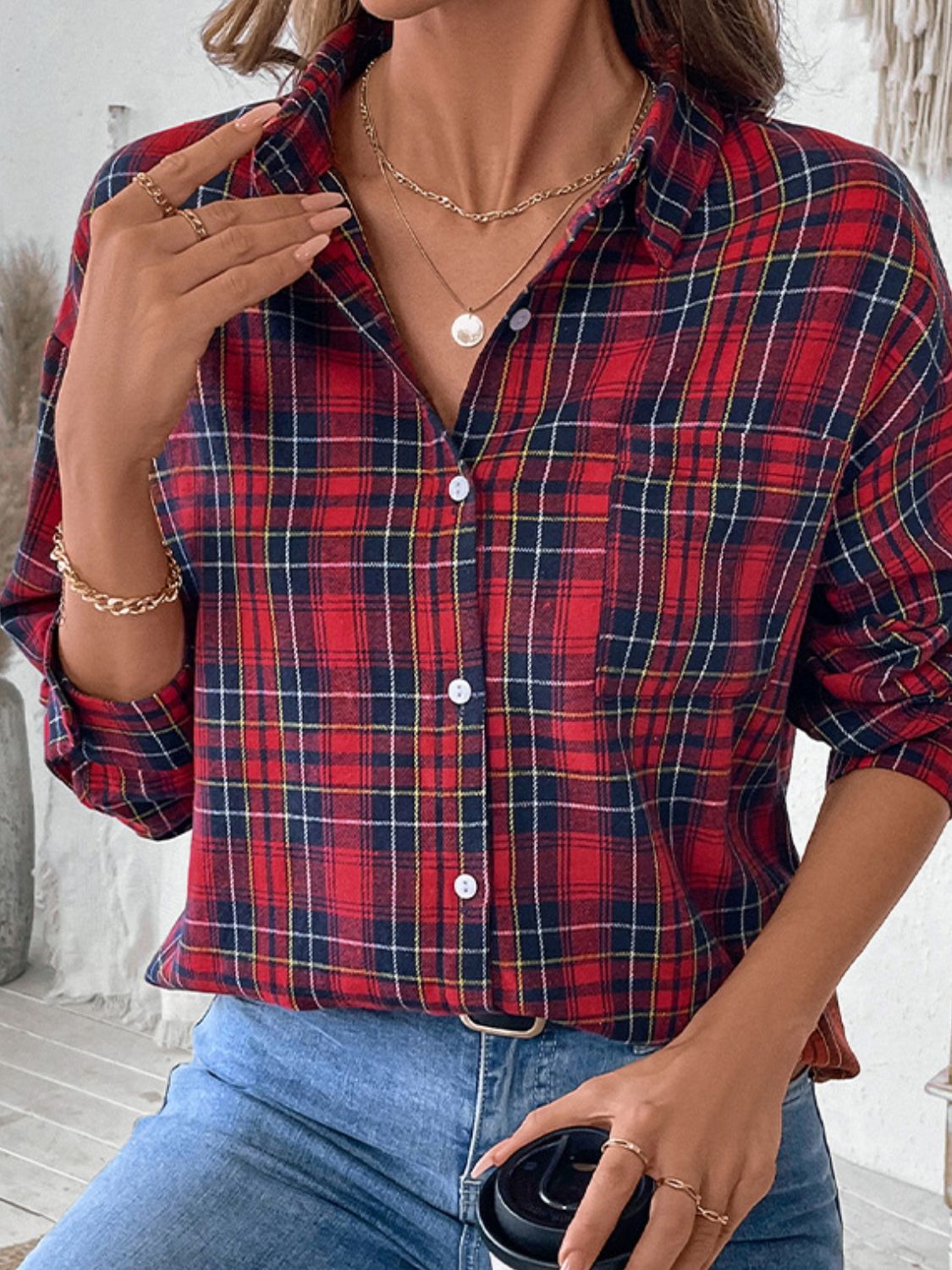 Perfee Plaid Button Up Long Sleeve Shirt - Charming Charlie