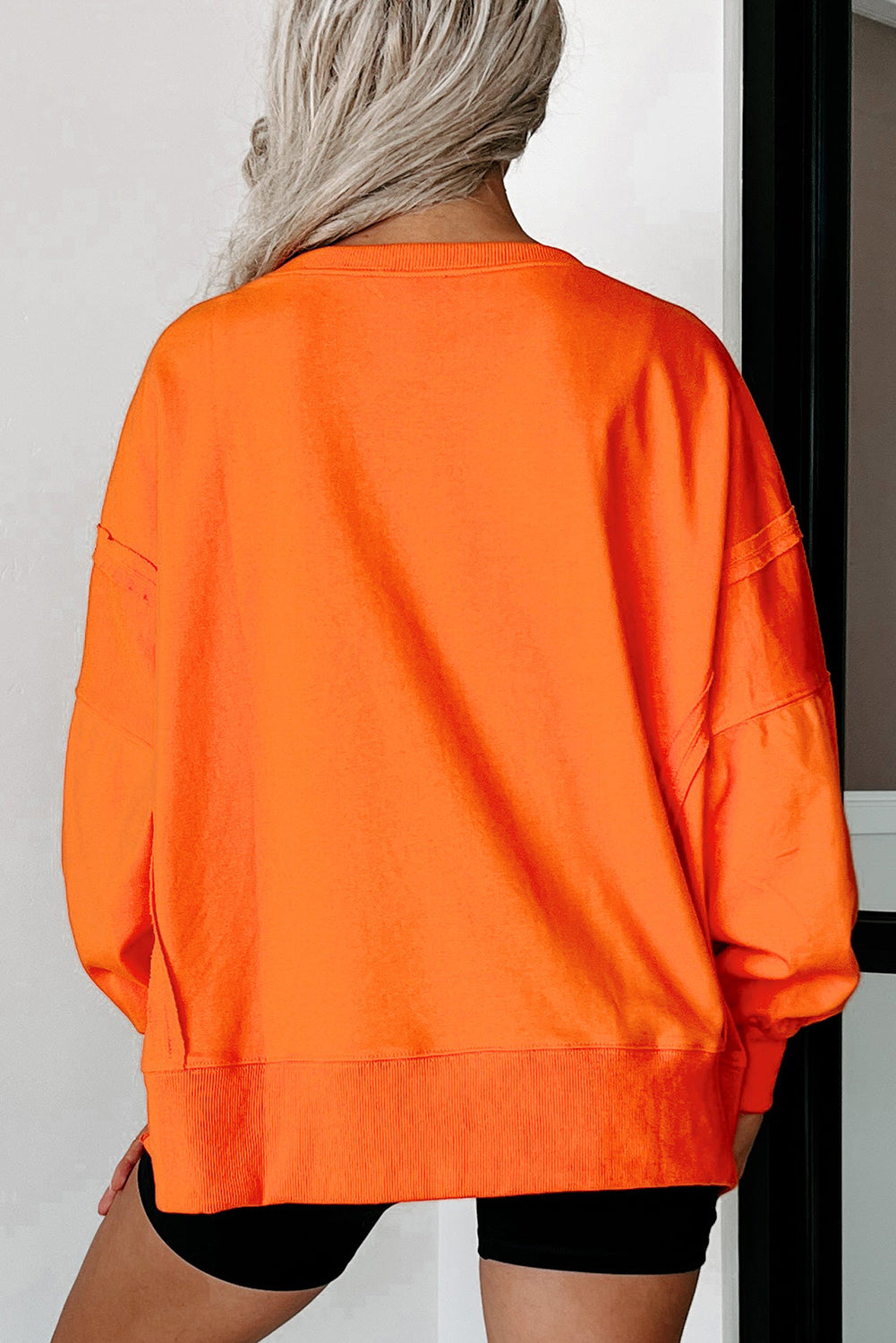 Side Slit Round Neck Long Sleeve Sweatshirt - Charming Charlie