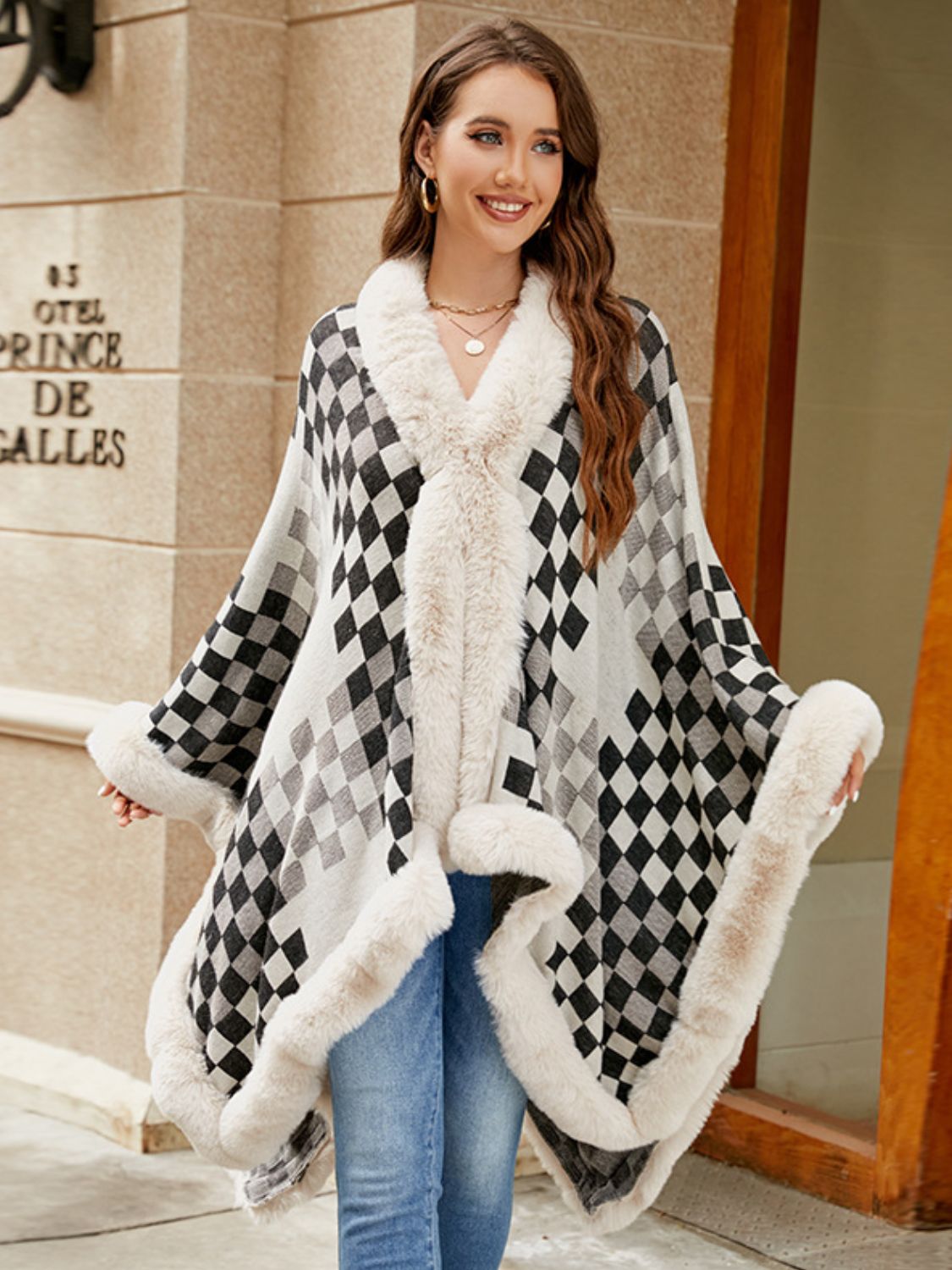 Fuzzy Checkered Long Sleeve Poncho - Charming Charlie