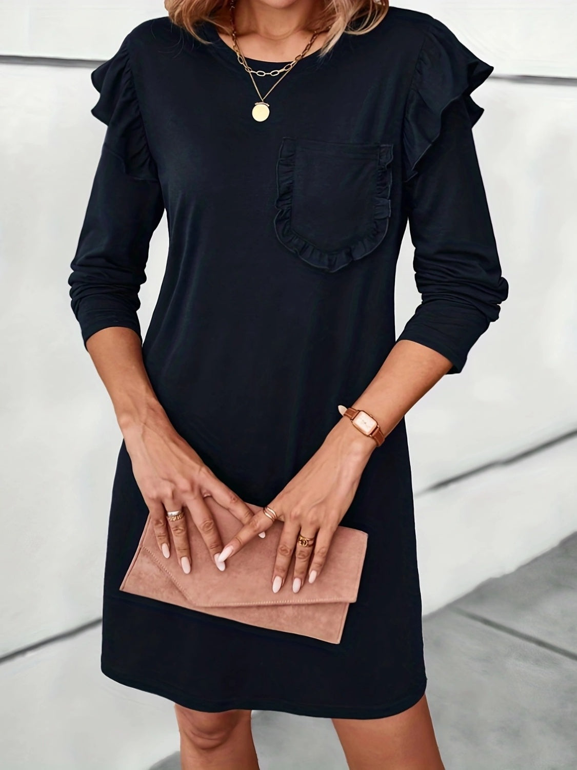Ruffled Round Neck Long Sleeve Mini Dress - Charming Charlie