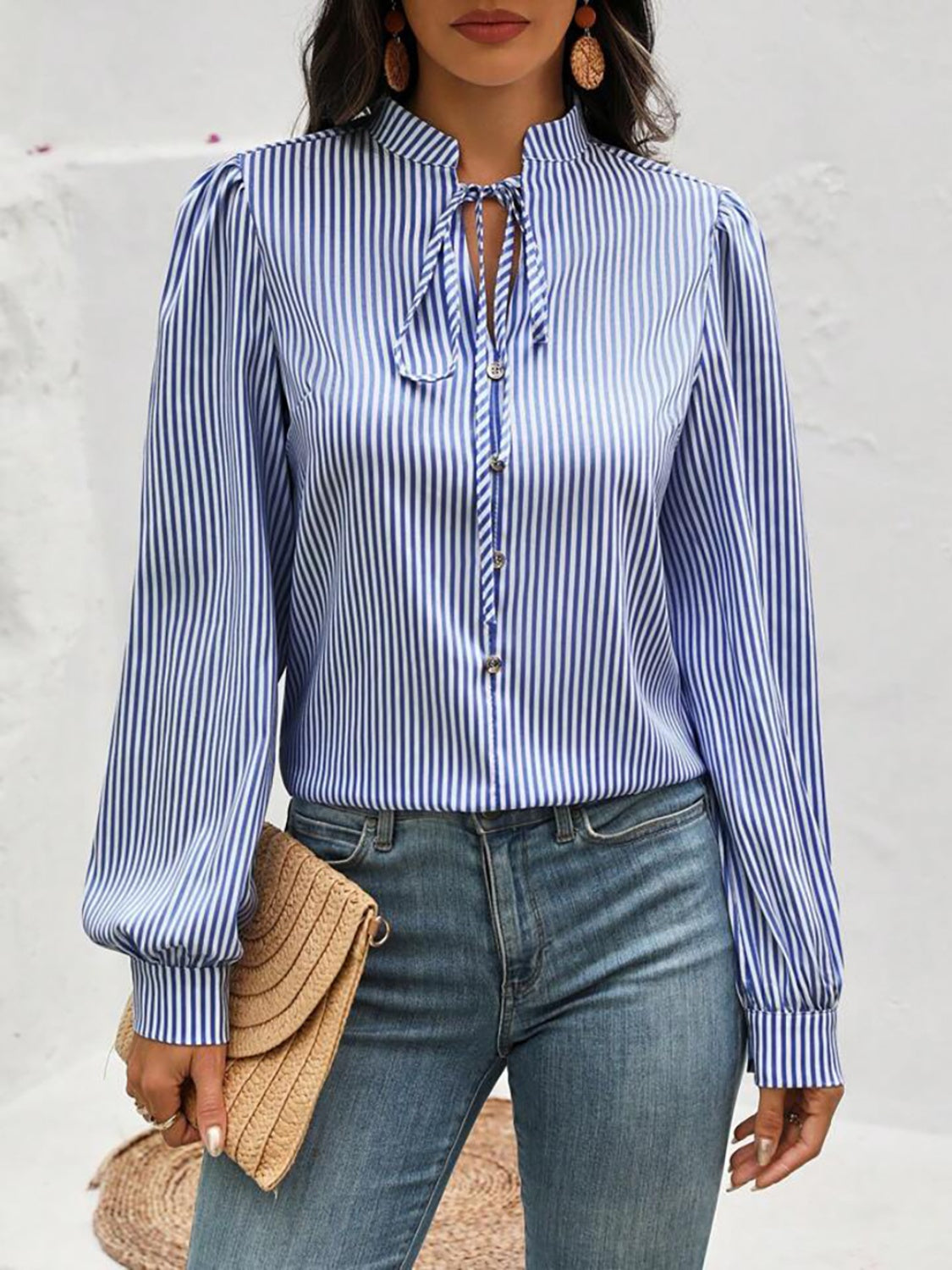 Striped Tie Neck Long Sleeve Blouse - Charming Charlie