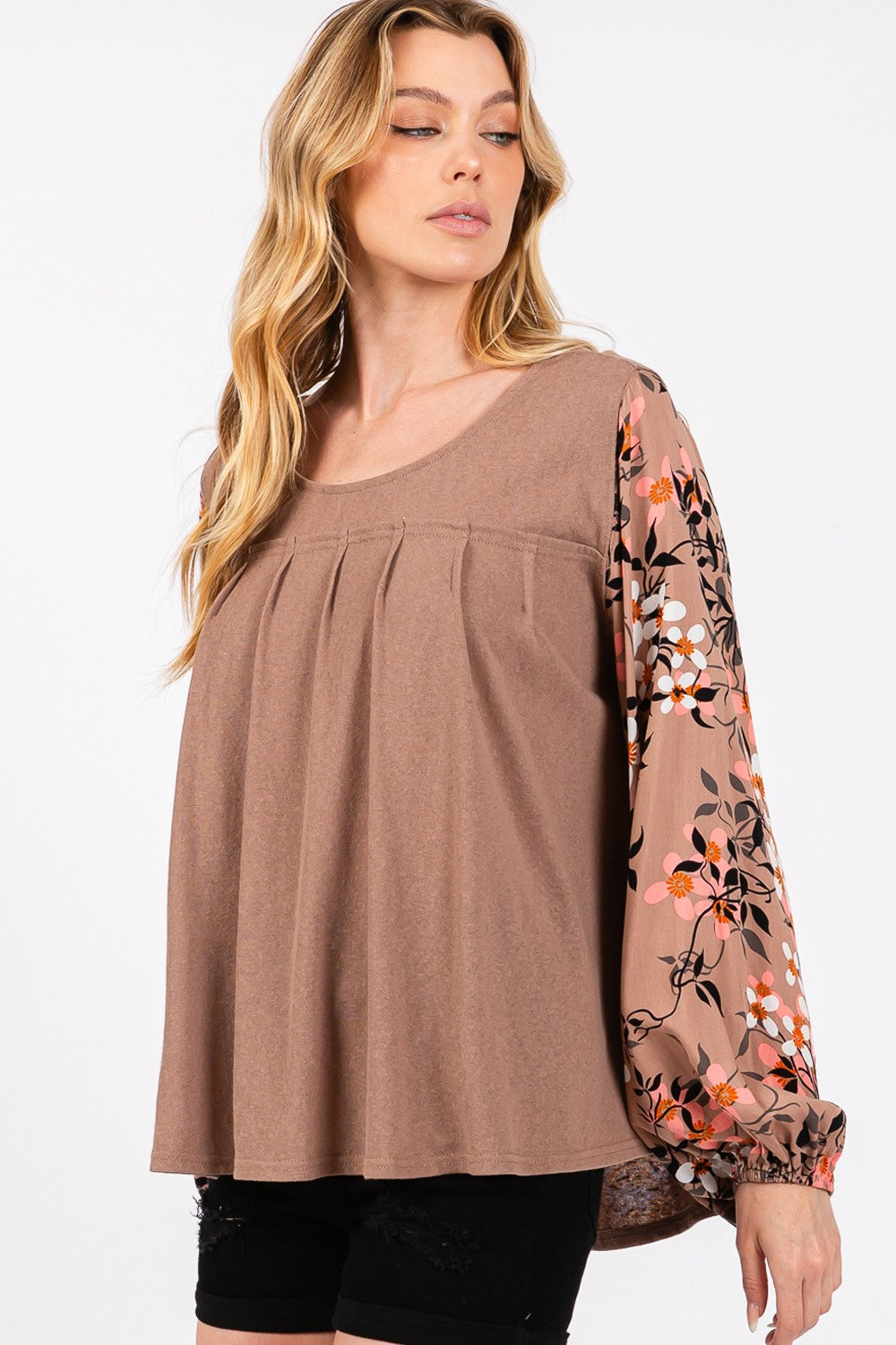 SAGE + FIG Floral Long Sleeve Front Pleated Detail Blouse - Charming Charlie