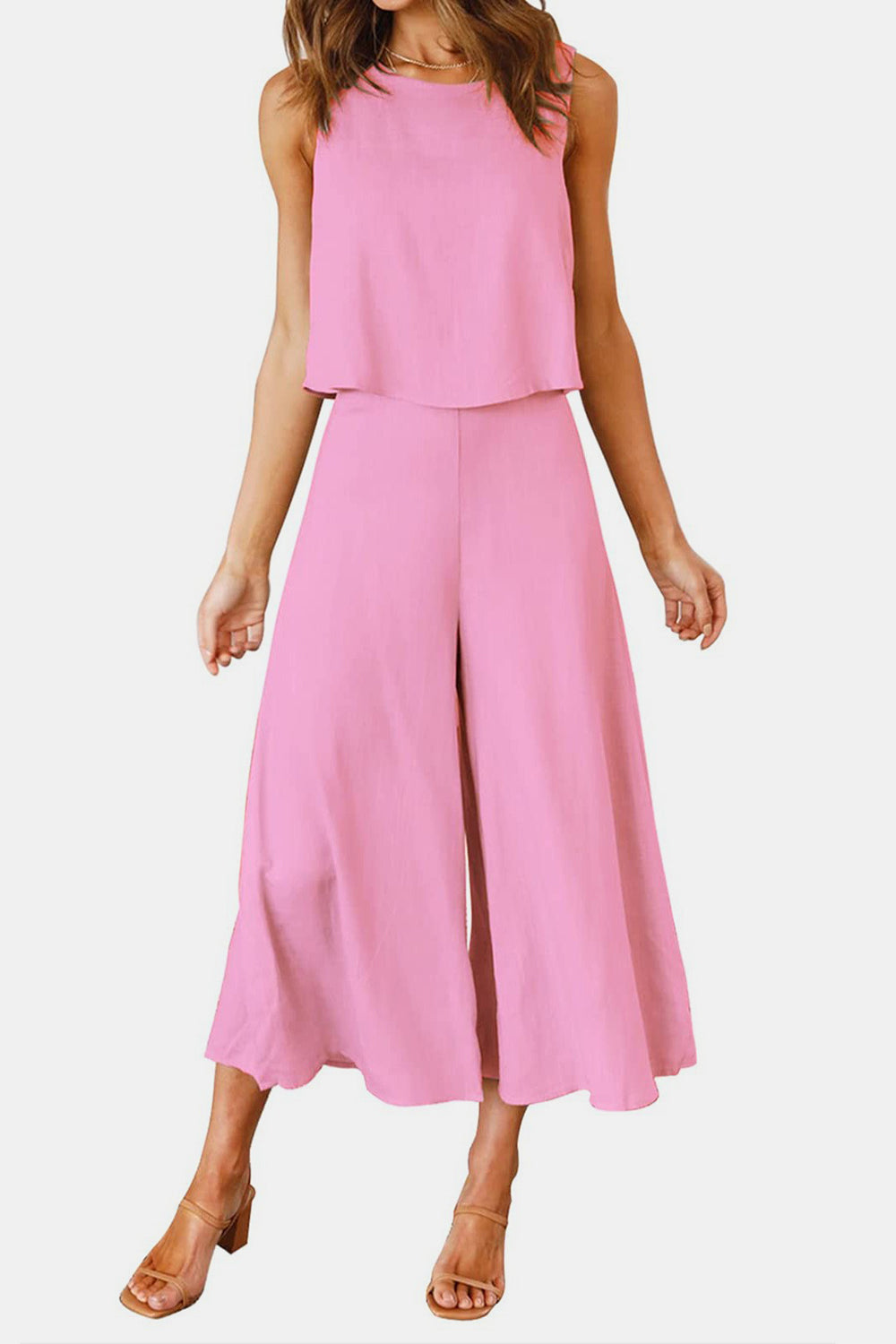 Round Neck Top and Wide Leg Pants Set - Charming Charlie